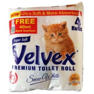 Velvex Snow White Tissue Roll 4 Pack + Free 40ml Sanitizer